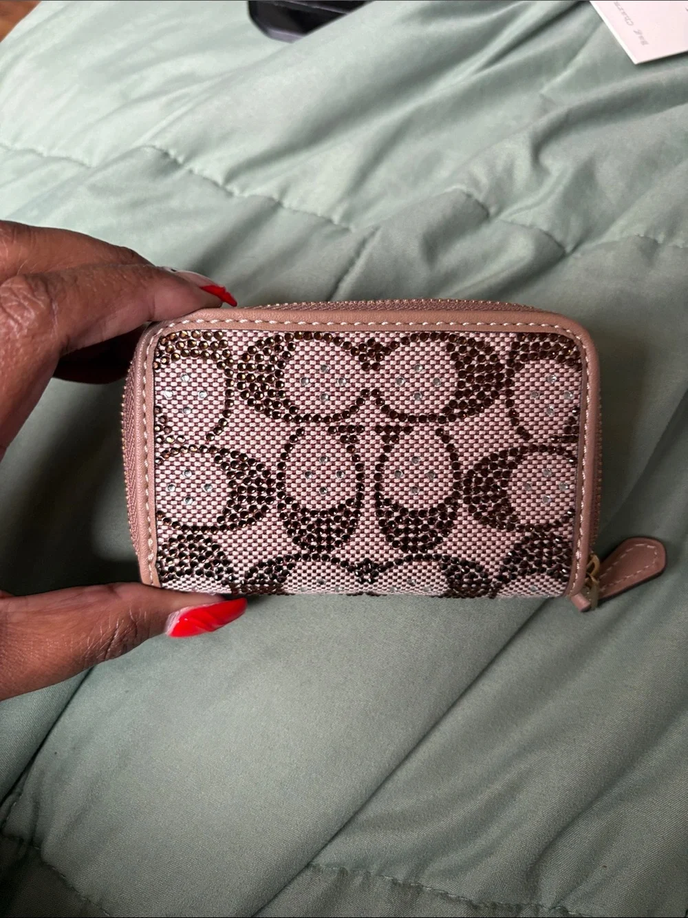 Coach Beige Pink Signature Zip Card Case Wallet